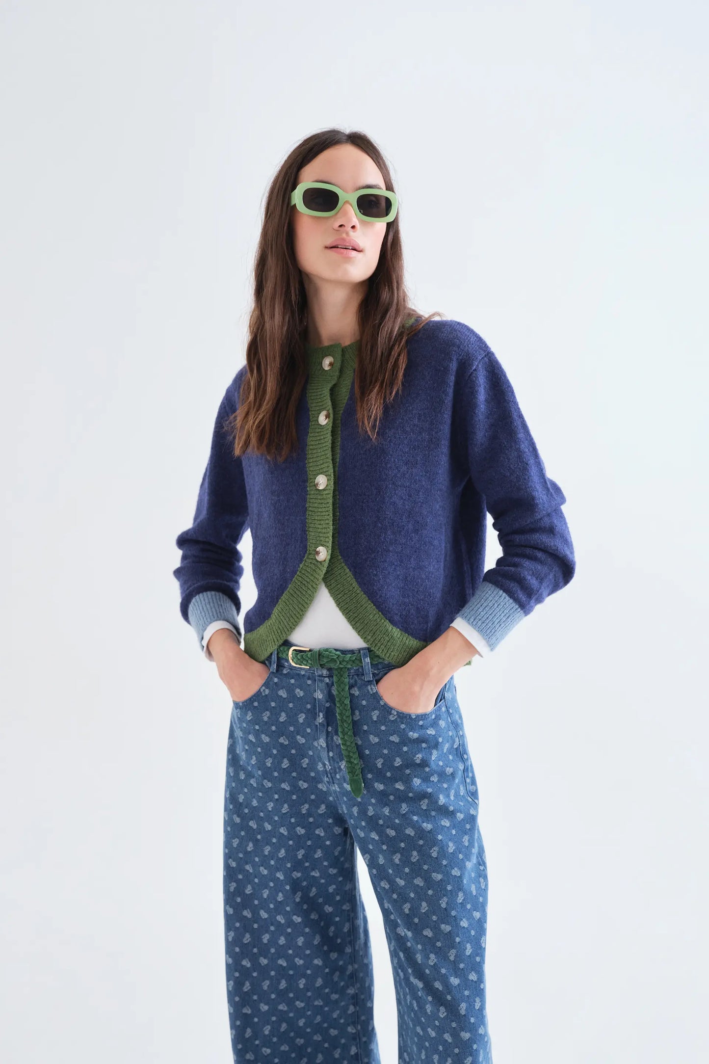 Cardigan a maglia bicolore blu e verde