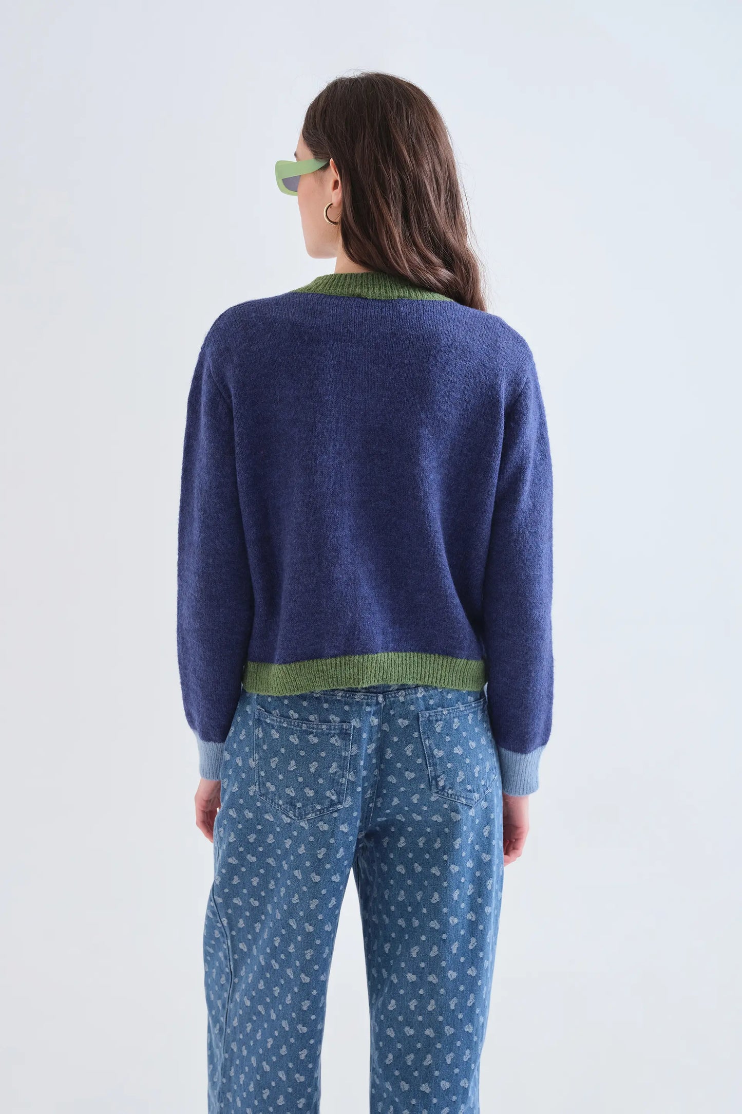 Cardigan a maglia bicolore blu e verde