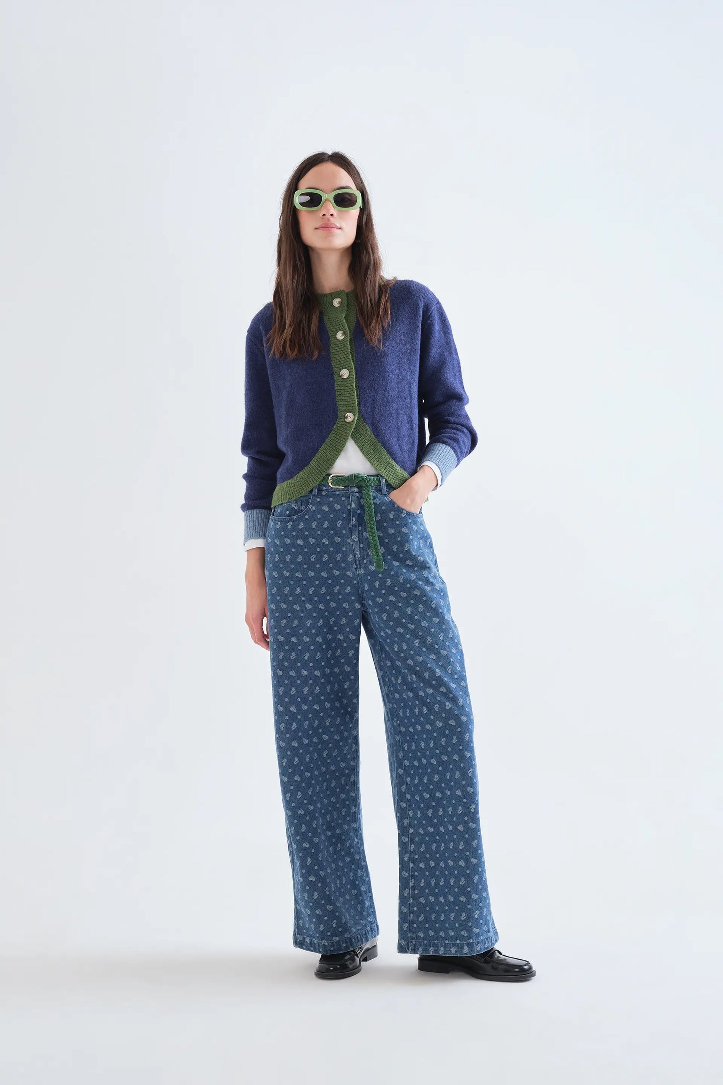 Cardigan a maglia bicolore blu e verde