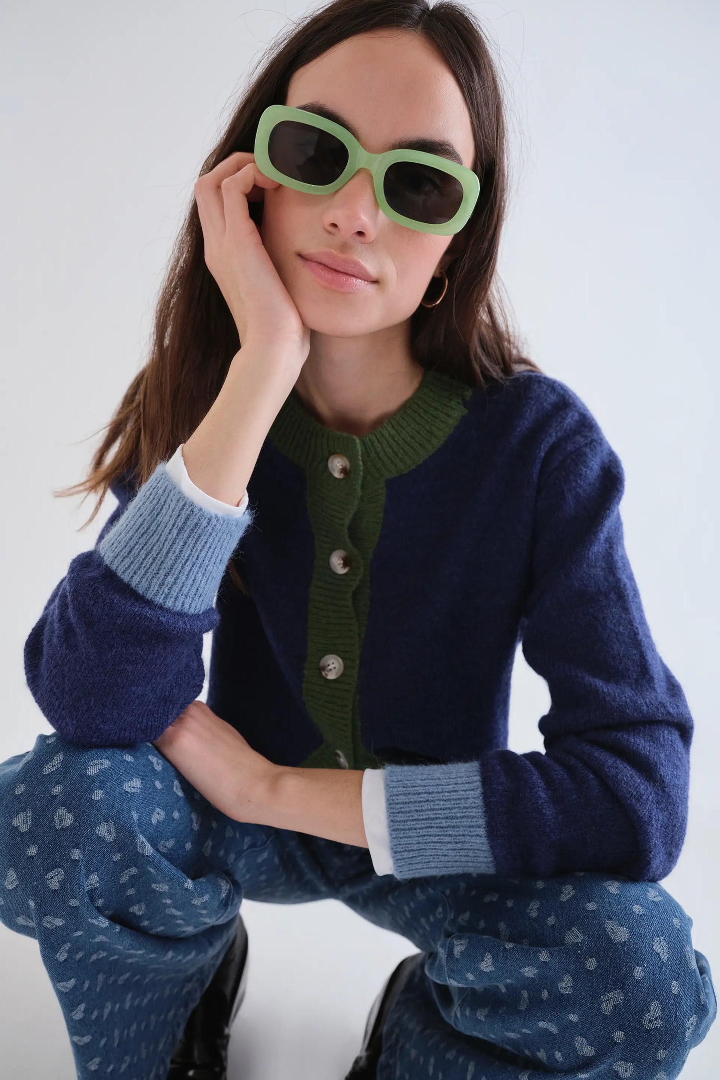 Cardigan a maglia bicolore blu e verde