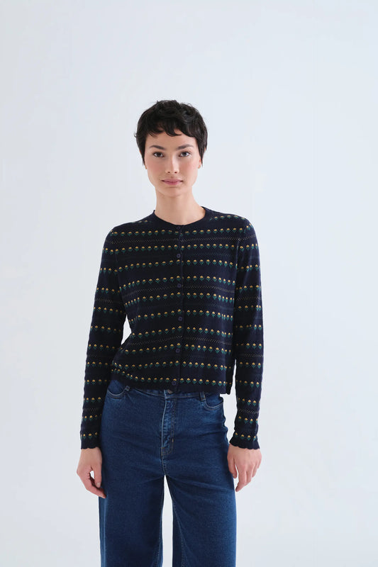 Cardigan blu navy con fiori ricamati