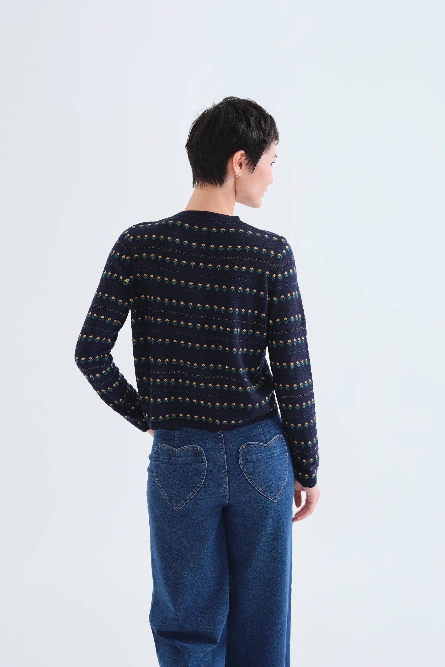 Cardigan blu navy con fiori ricamati
