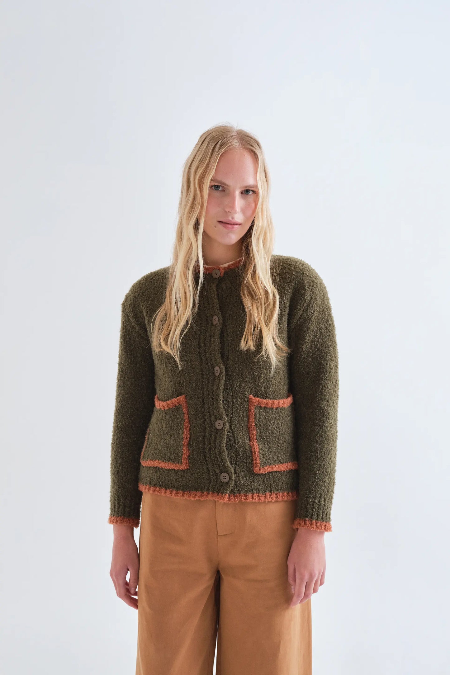Dark green and orange two-tone cardigan