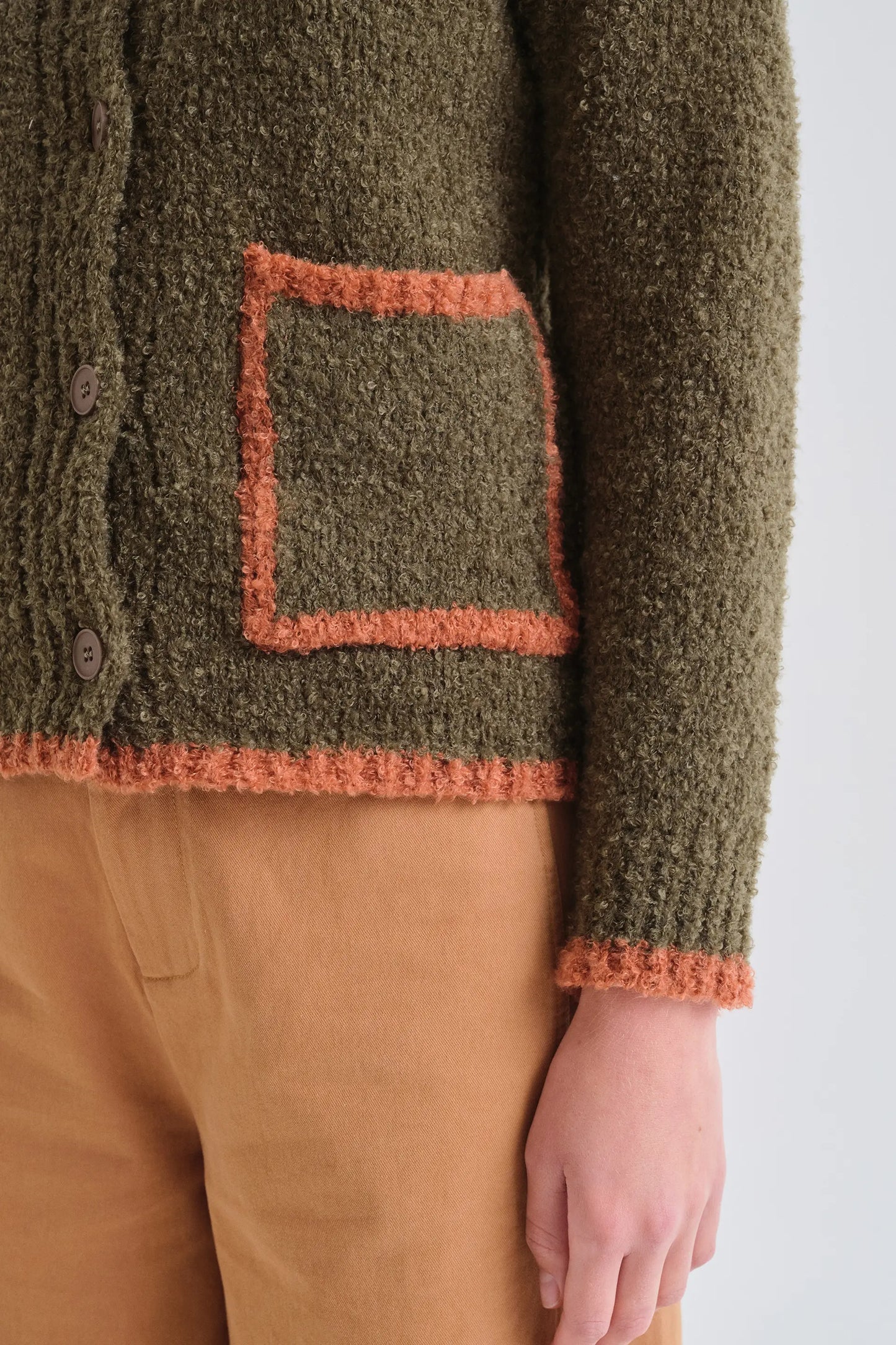 Dark green and orange two-tone cardigan