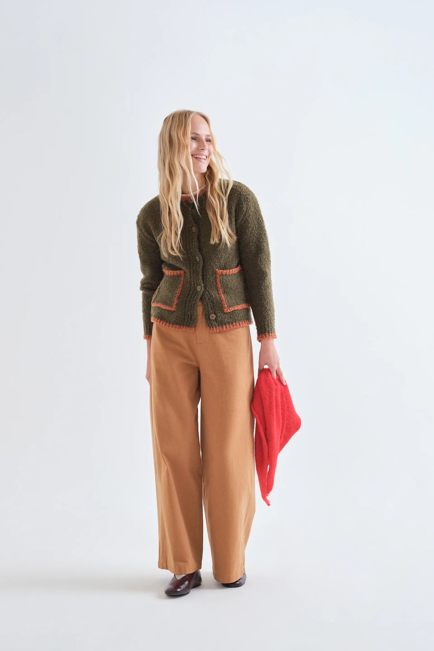 Dark green and orange two-tone cardigan