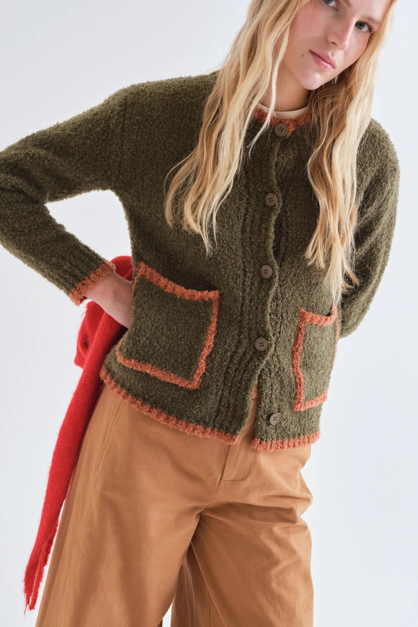 Dark green and orange two-tone cardigan