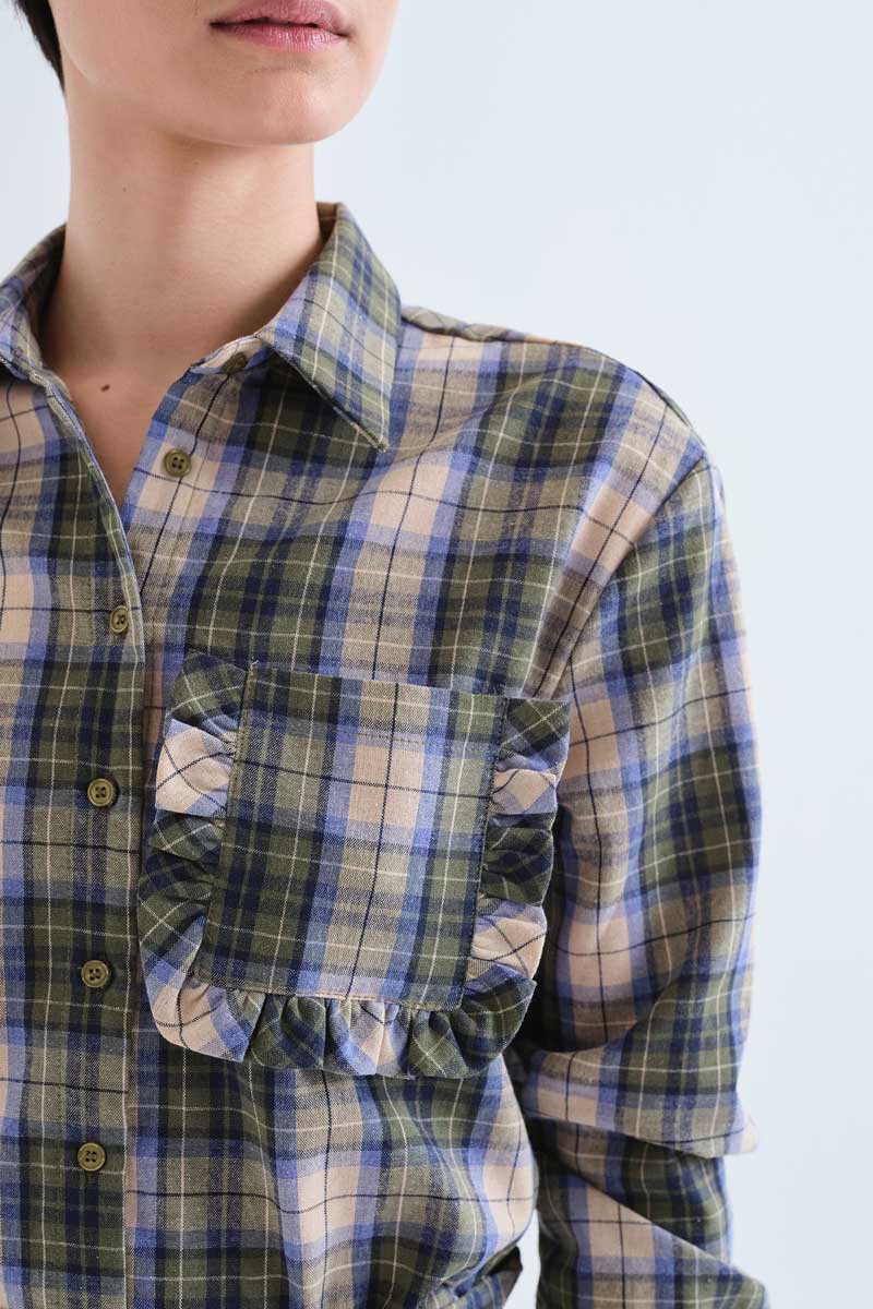 Camisa 100% algodón con estampado de cuadros verde