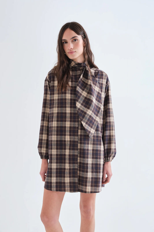 Vestido corto 100% algodón con estampado de cuadros marrón