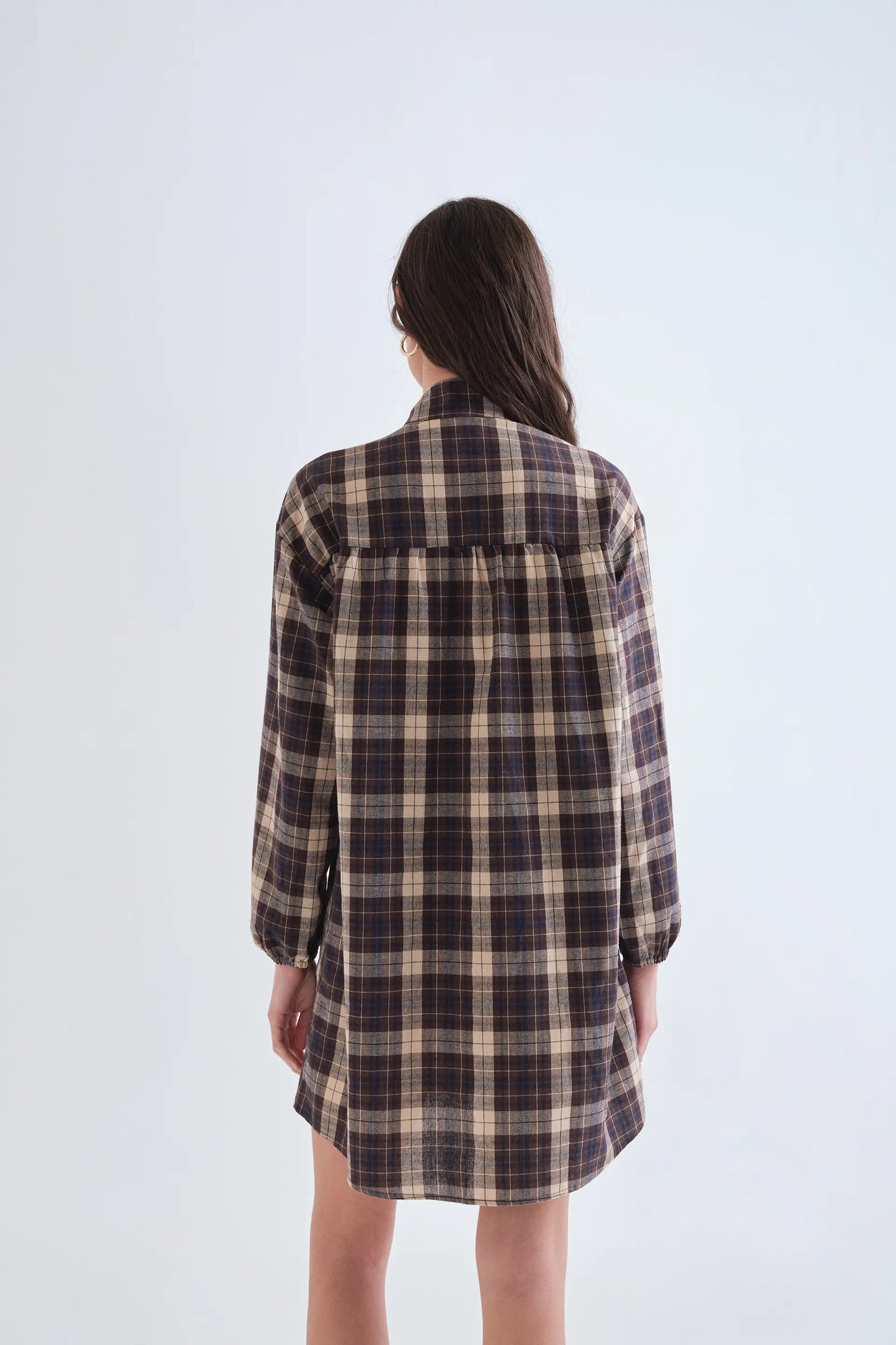 Short 100% cotton dress with brown plaid print