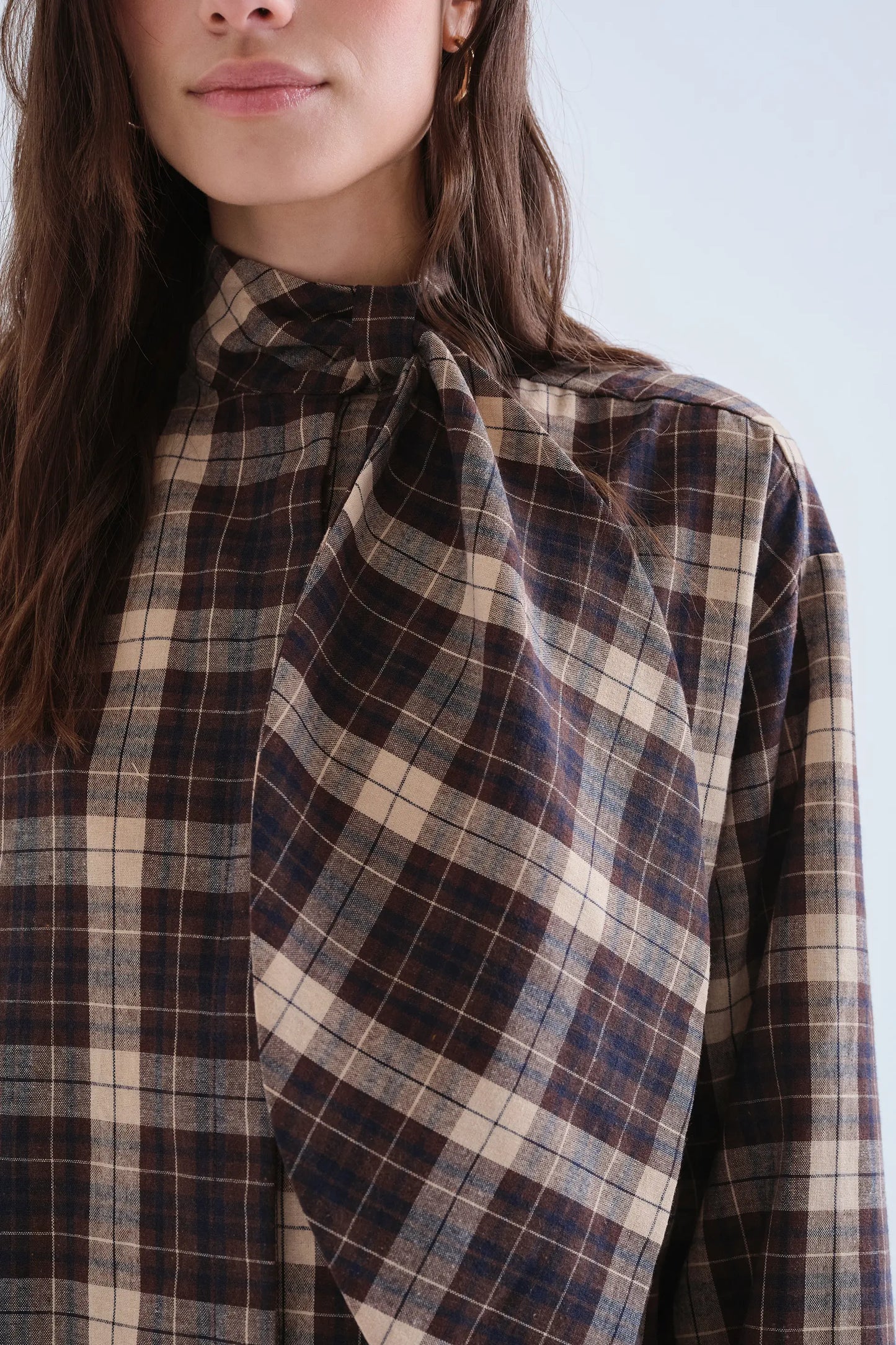Short 100% cotton dress with brown plaid print