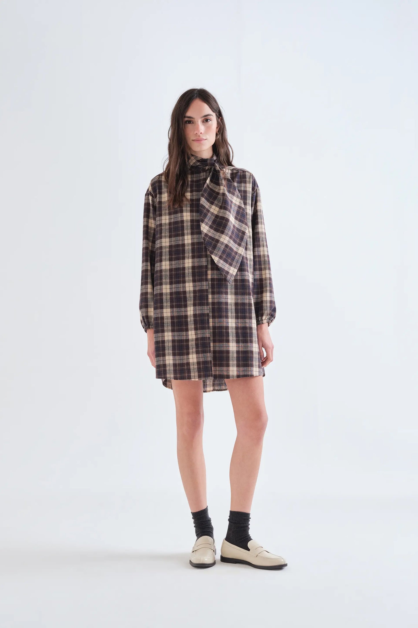 Short 100% cotton dress with brown plaid print