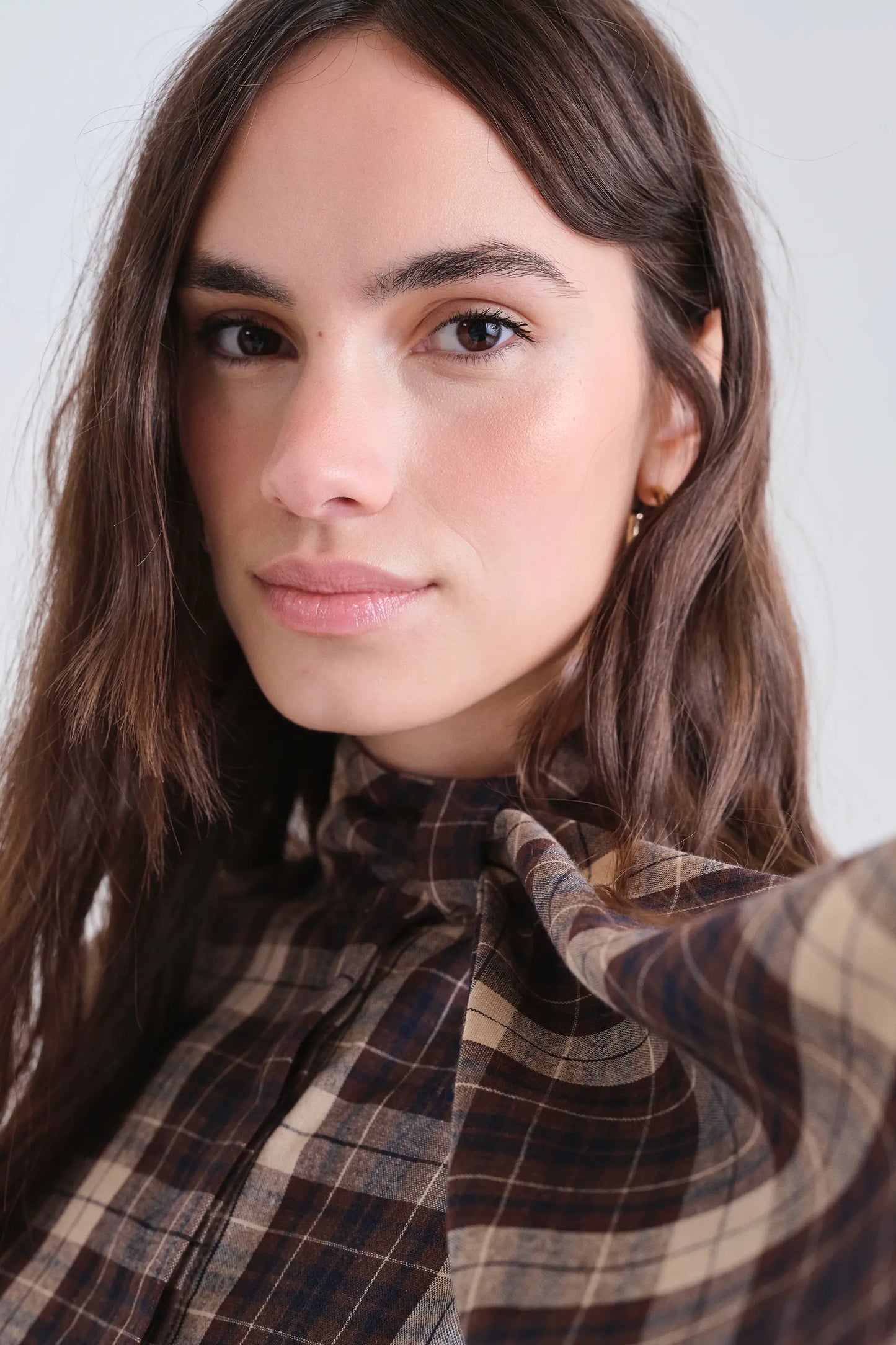 Short 100% cotton dress with brown plaid print