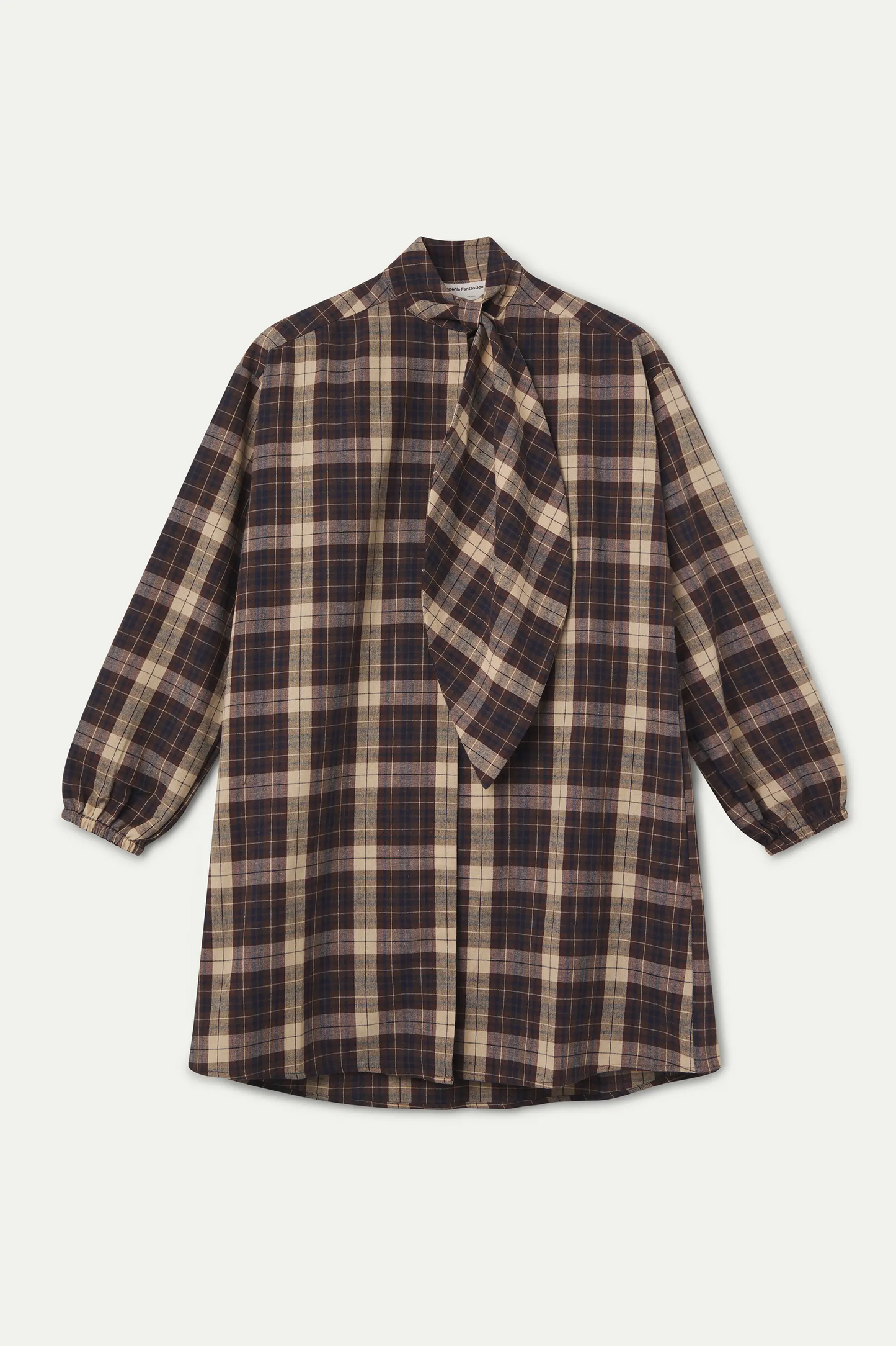 Short 100% cotton dress with brown plaid print