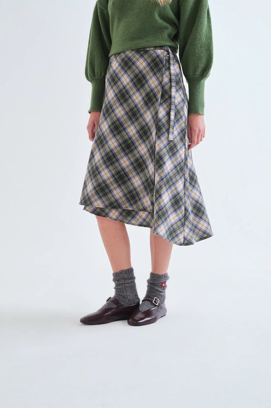 Falda midi 100% algodón con estampado de cuadros verde