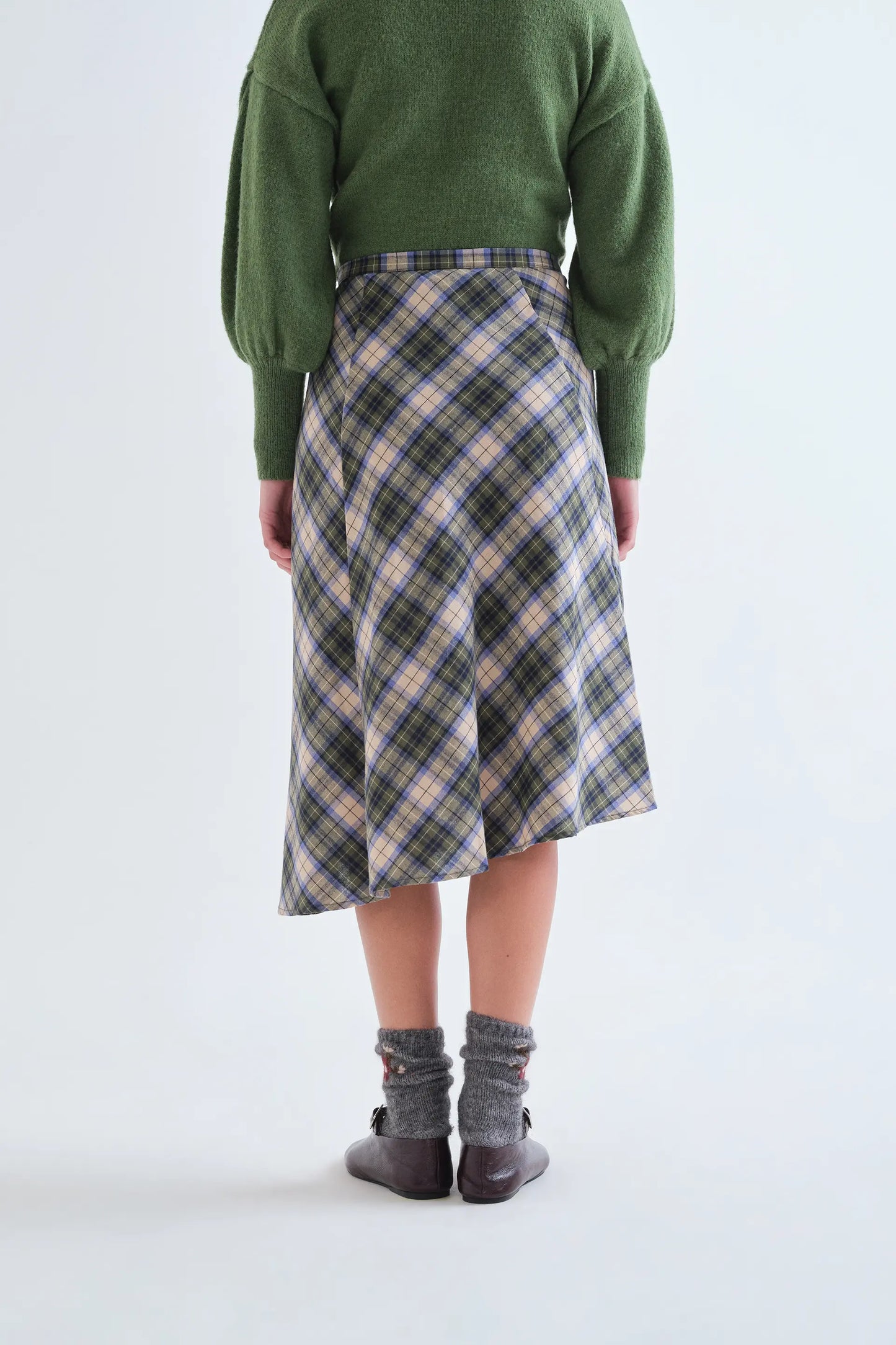 Falda midi 100% algodón con estampado de cuadros verde