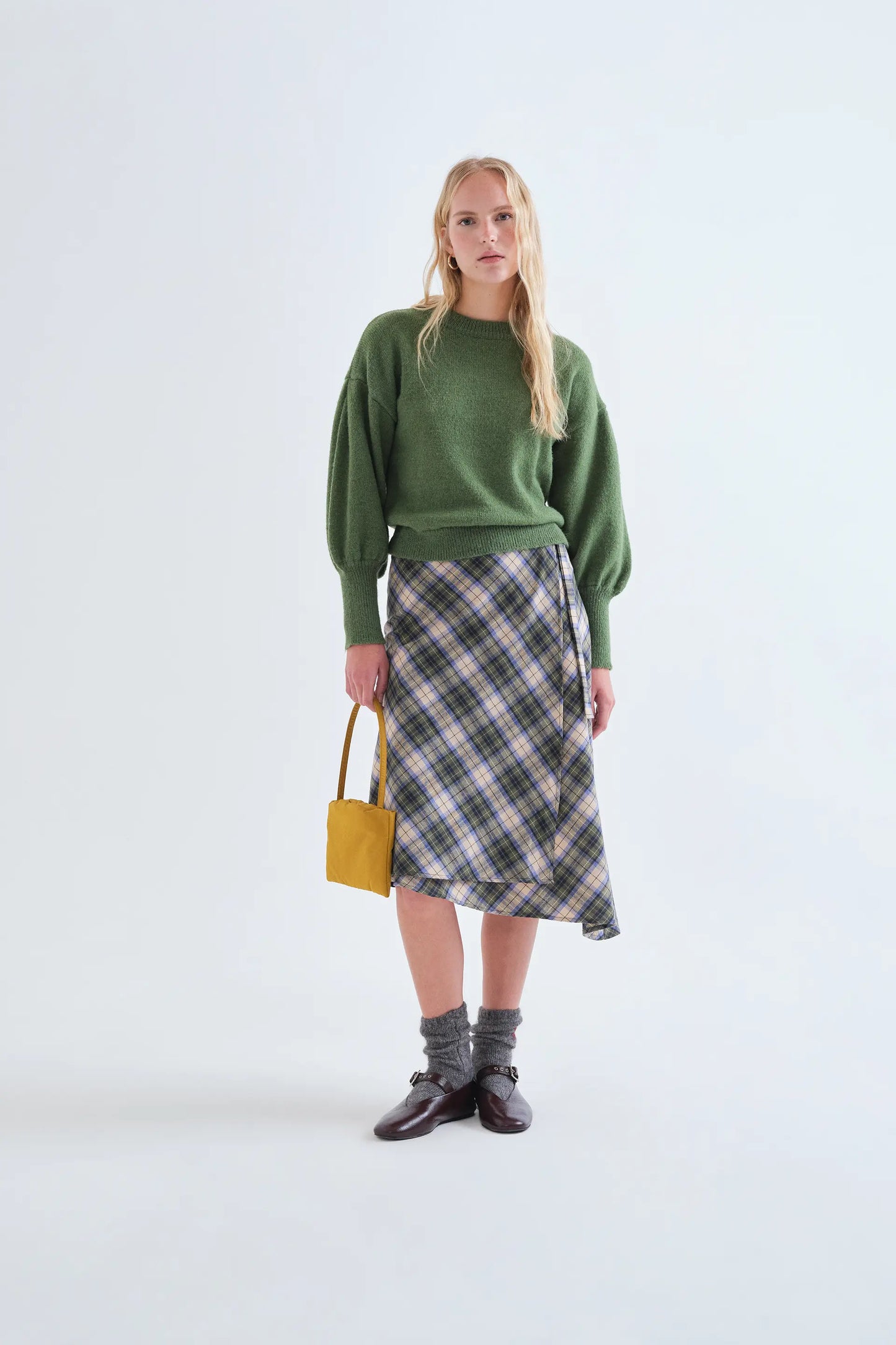 Falda midi 100% algodón con estampado de cuadros verde
