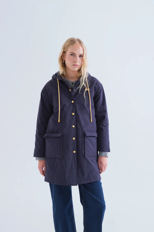 Cappotto 100% cotone con cappuccio blu marino