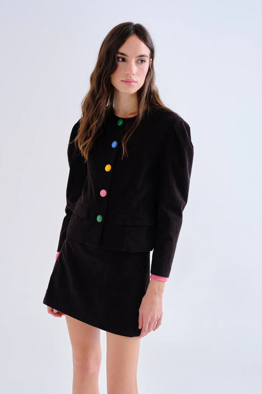 Chaqueta de pana negra con botones multicolor