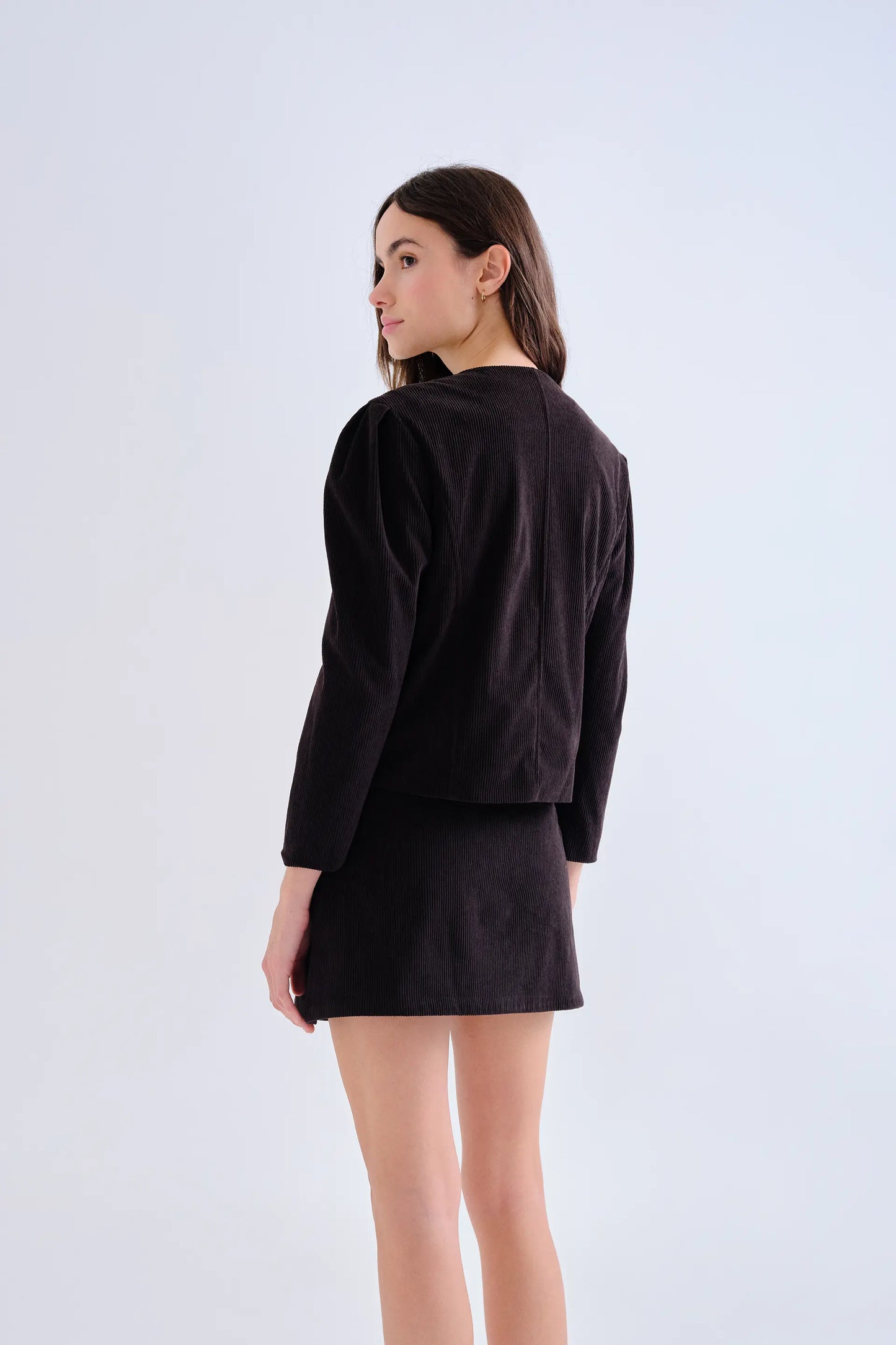 Black corduroy jacket with multicolor buttons
