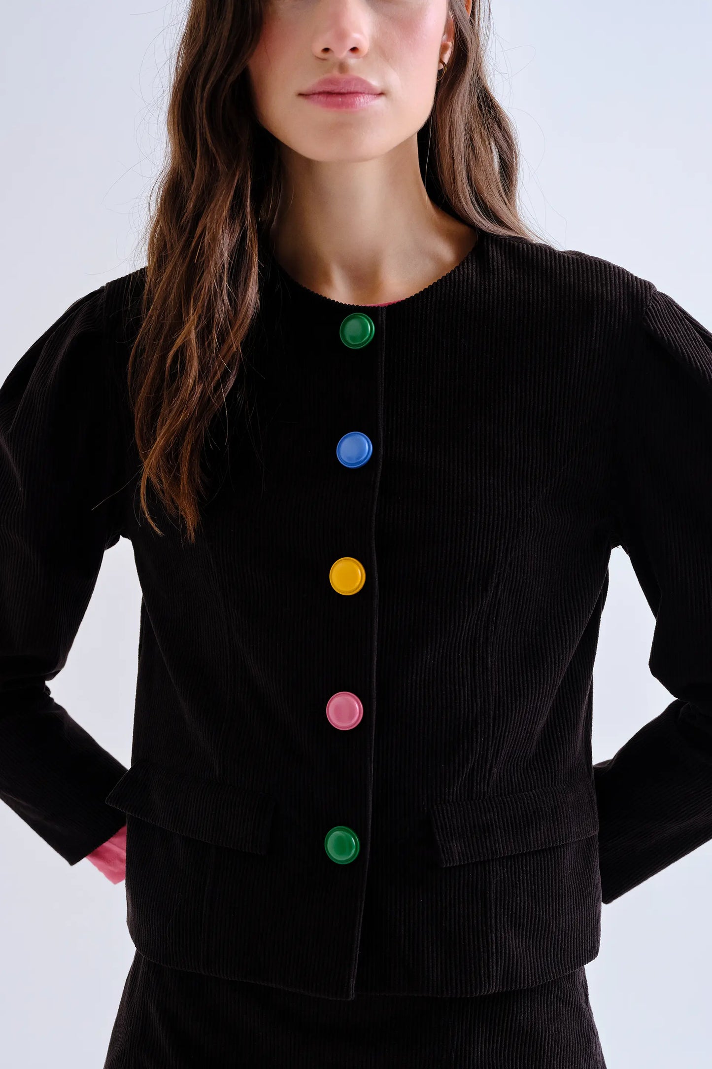 Black corduroy jacket with multicolor buttons