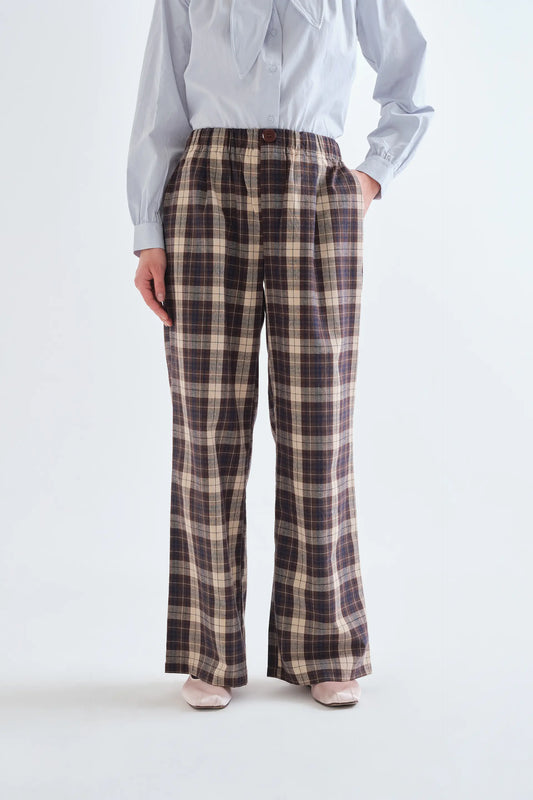 Pantaloni 100% cotone con stampa a quadri marrone