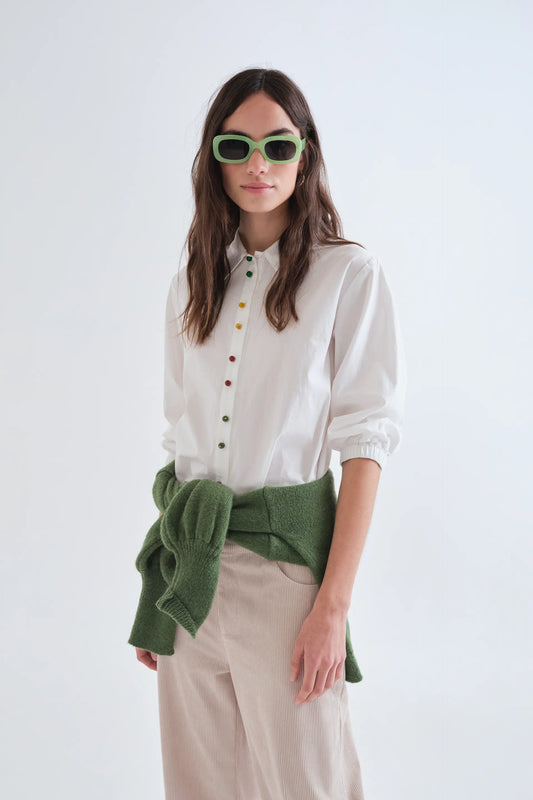 Camisa 100% algodón blanca con botones joyas multicolor