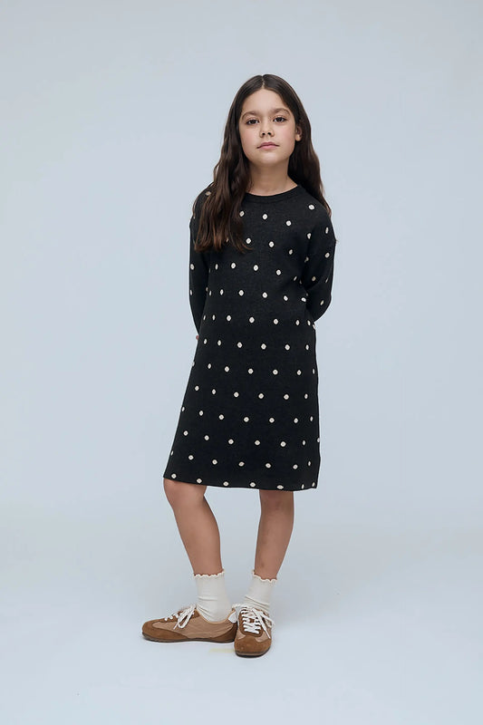 Vestido corto de niña con estampado de puntos mini verde