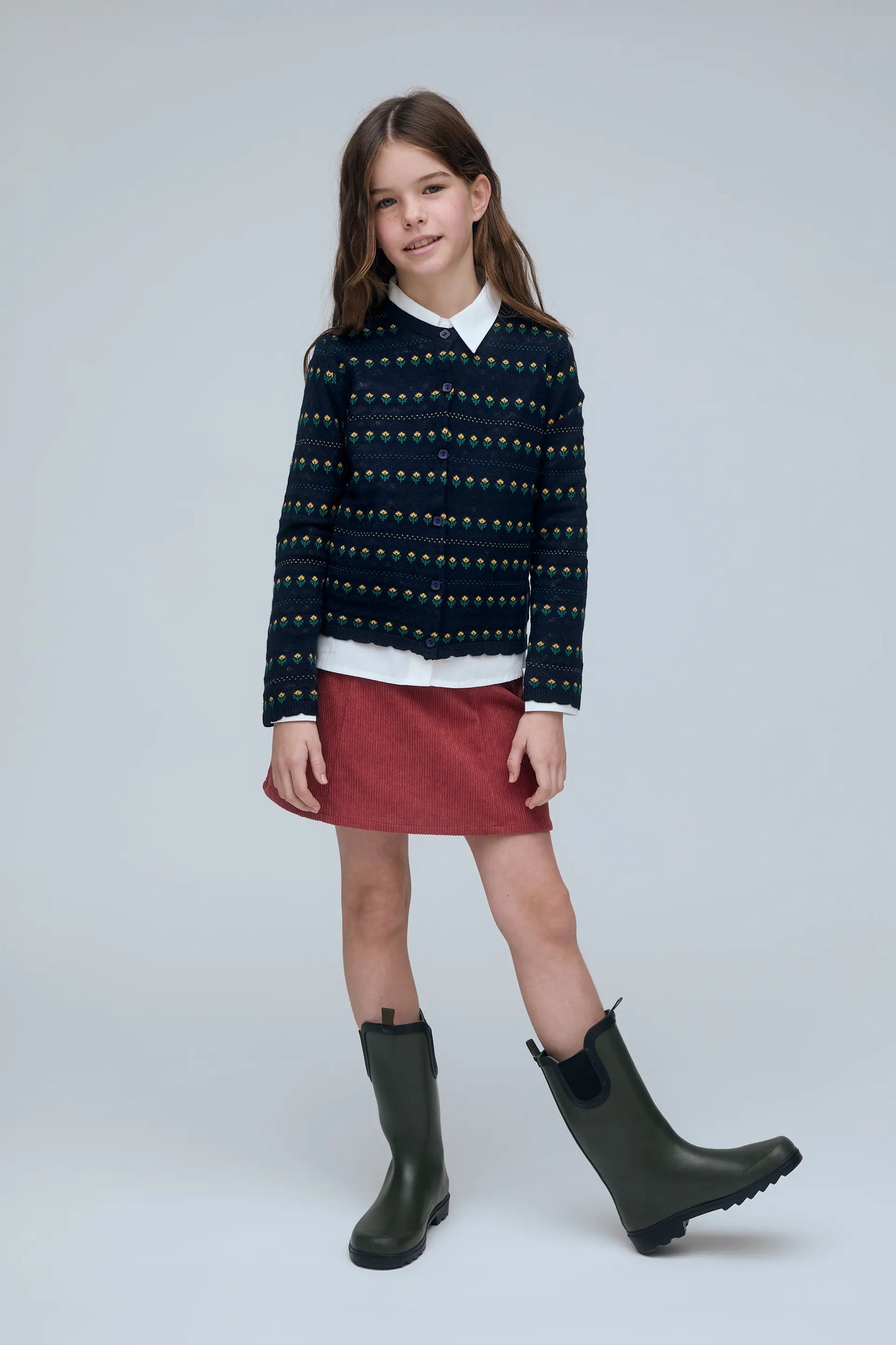Navy blue girl's cardigan with floral print