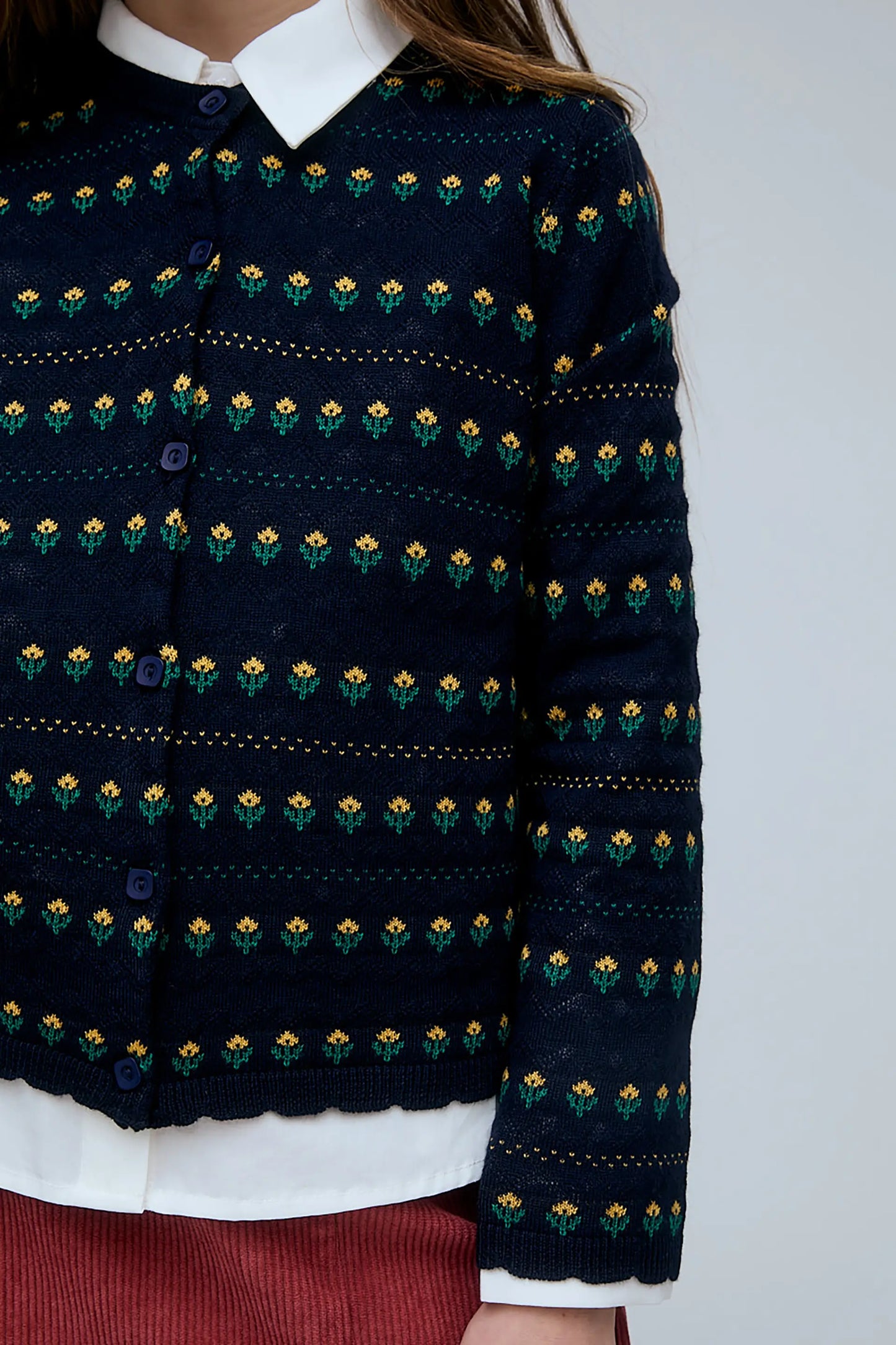 Navy blue girl's cardigan with floral print
