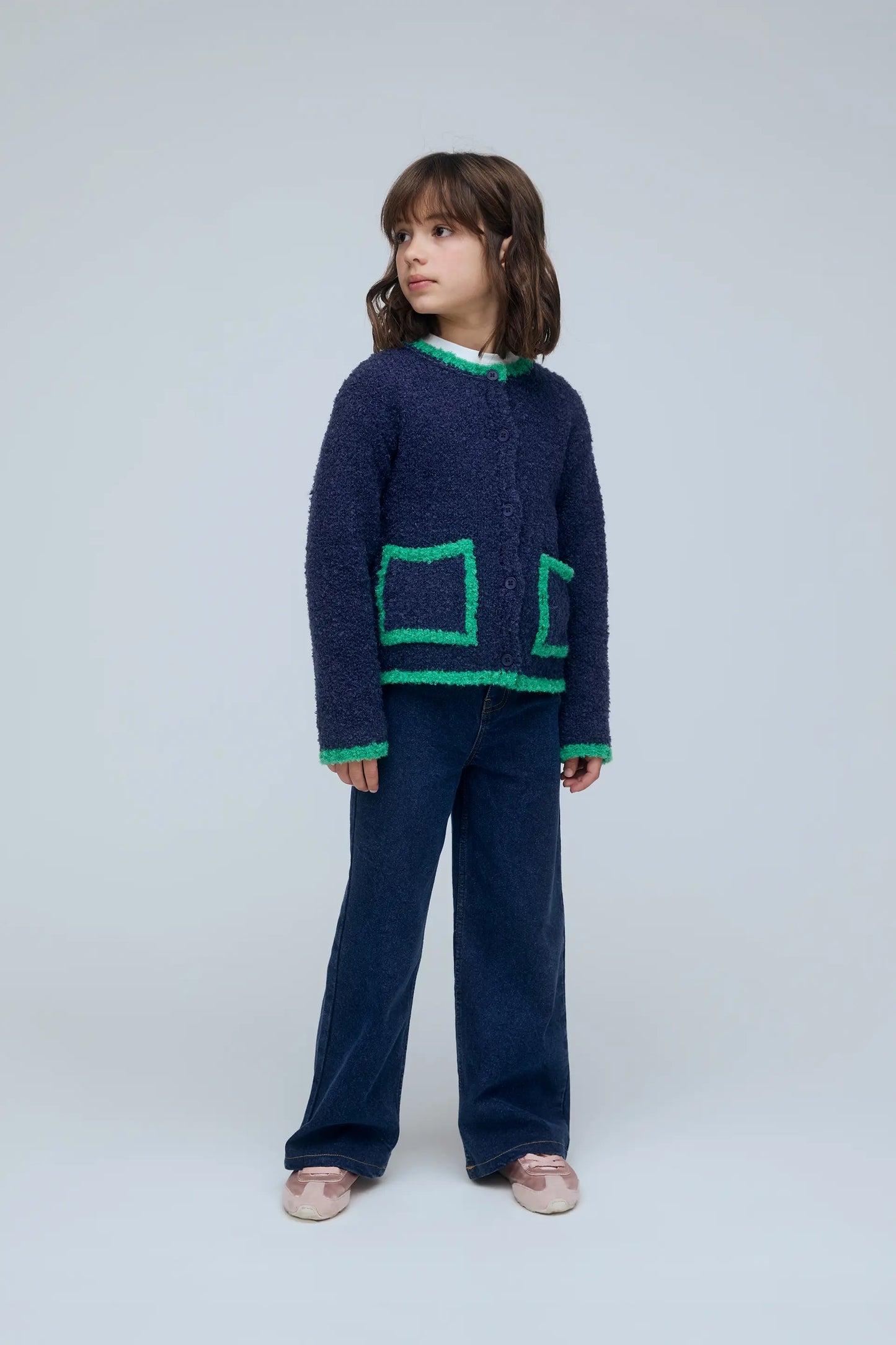 Cardigan da bambina blu navy e verde