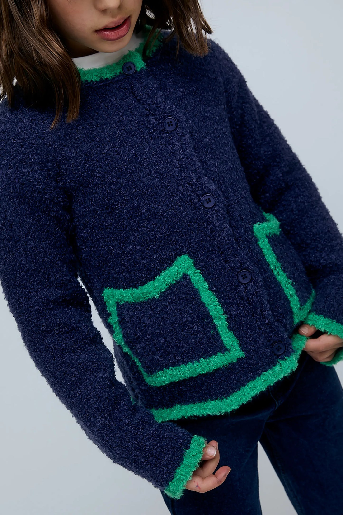 Cardigan da bambina blu navy e verde
