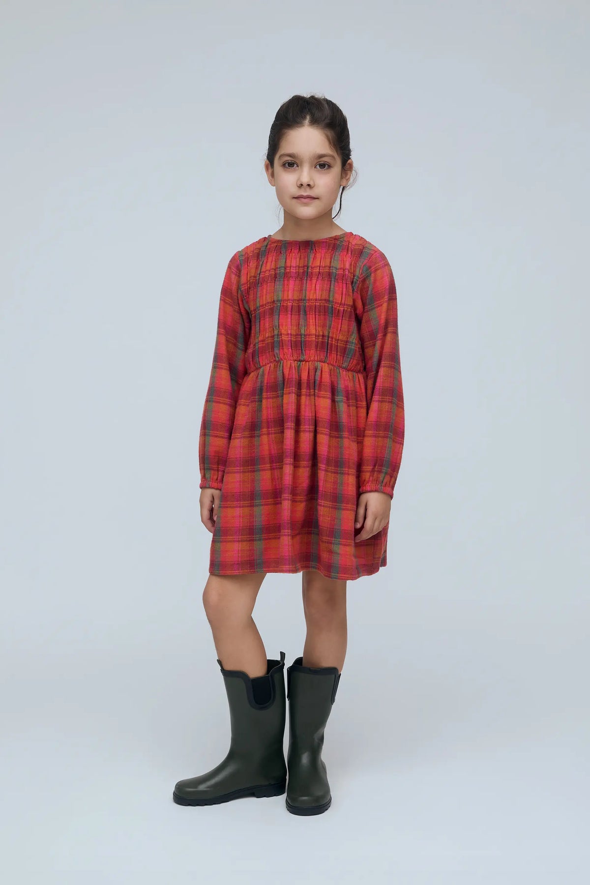 Vestido de niña 100% algodón con estampado de cuadros rosa