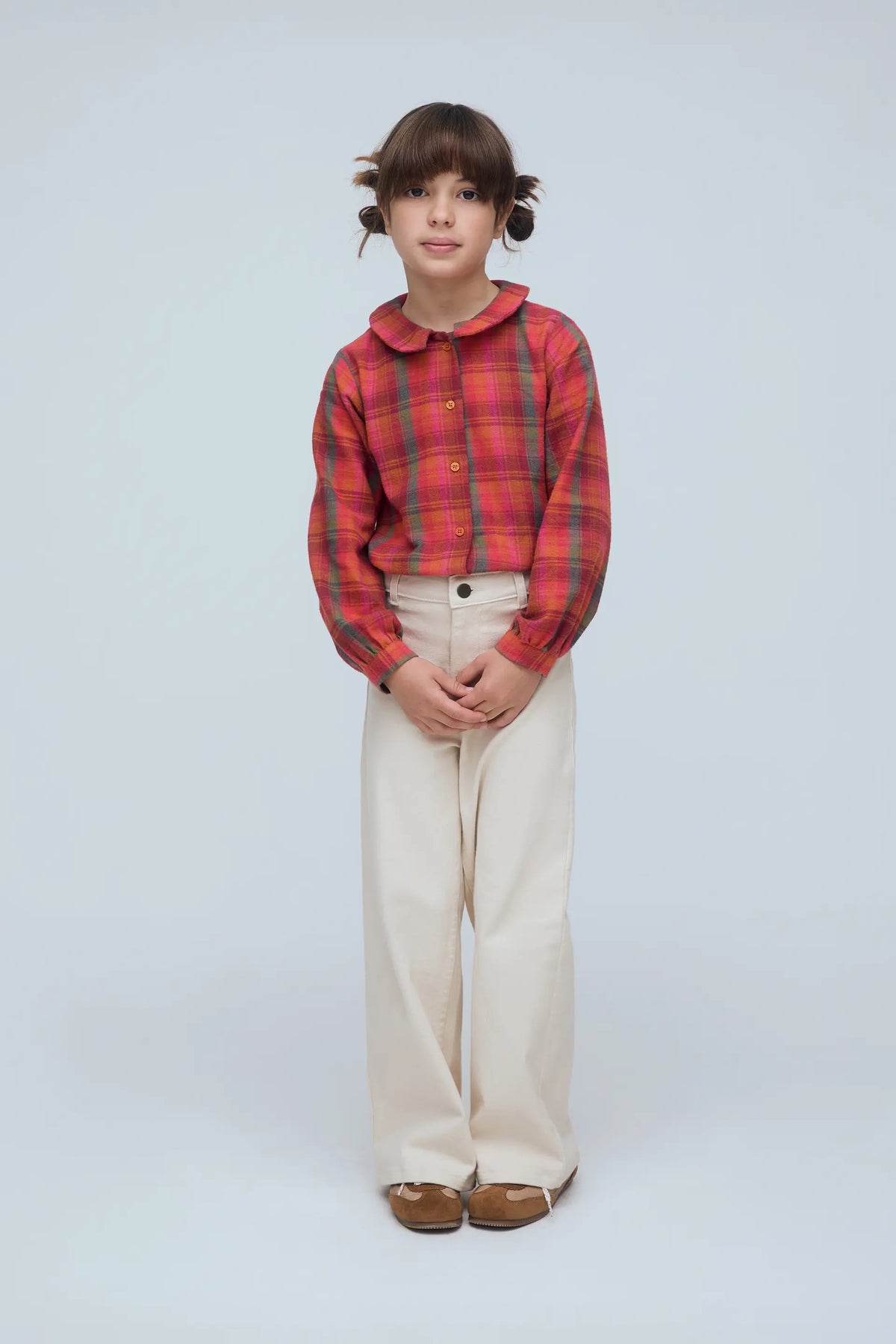 Camisa de niña 100% algodón con estampado de cuadros rosa