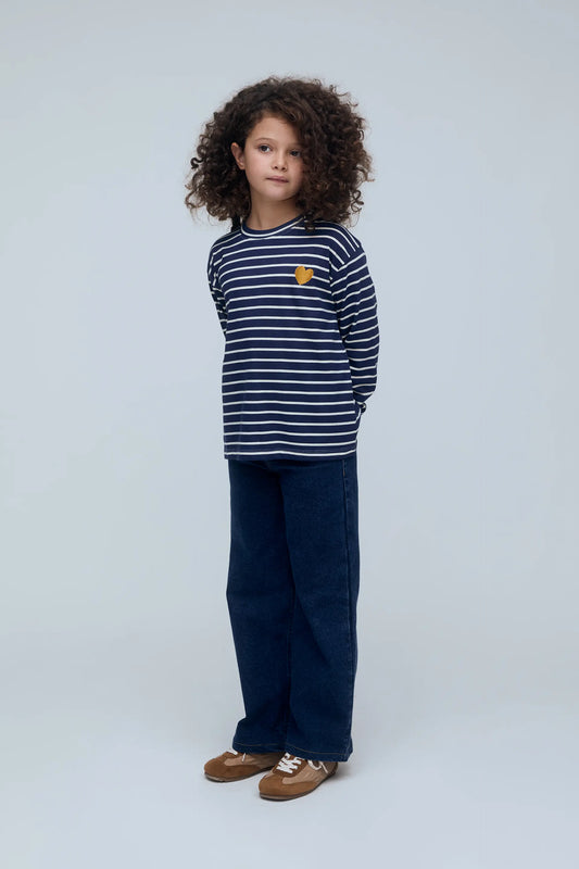 Camiseta de niña 100% algodón con estampado de rayas azul marino y blanco