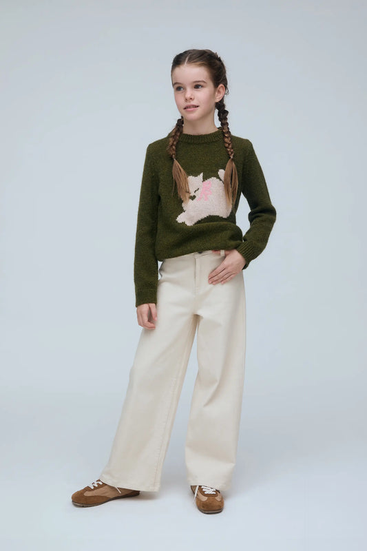 Pantalón vaquero de niña beige con bolsillos de corazón