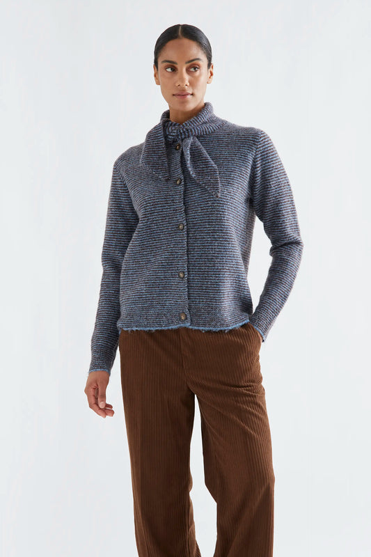 Cárdigan punto con estampado de rayas azul y marrón