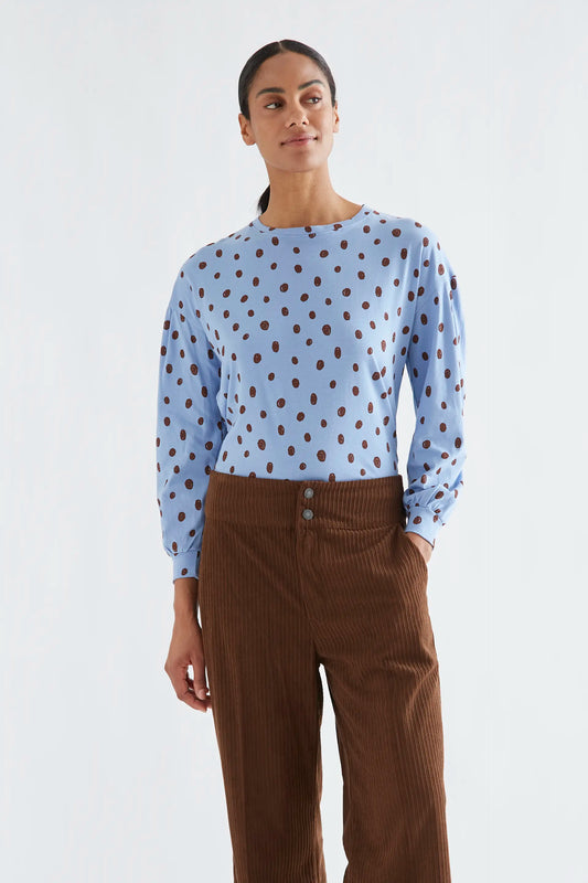 Camiseta 100% algodón azul catahoula con estampado de puntos marrón