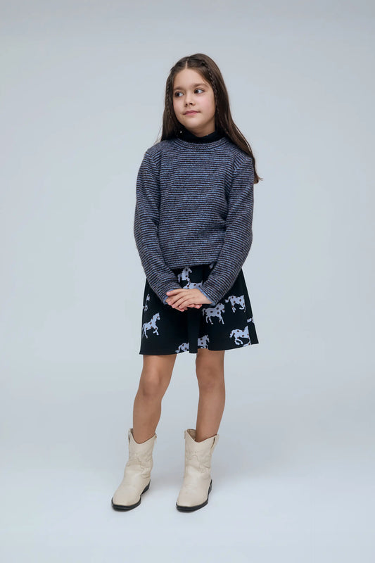 Jersey de niña mezcla lana con estampado de rayas marrón y azul