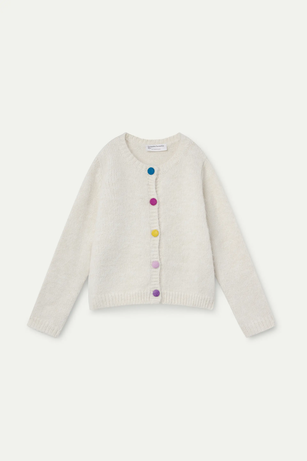 Cárdigan blanco roto de niña mezcla lana con botones multicolor