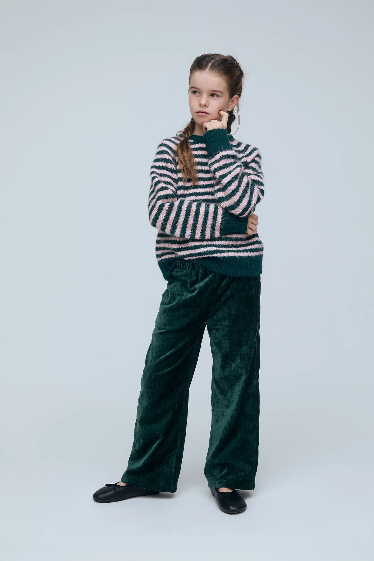 Jersey de niña con estampado de rayas verde y rosa