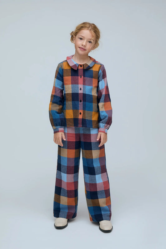 Pantalón 100% algodón de niña con estampado de cuadros multicolor